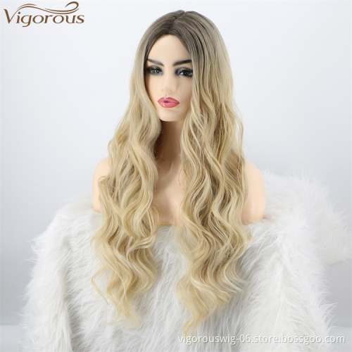 Vigorous Top Quality Long Ombre Blonde Body Wavy Wigs Middle Part Synthetic Fiber Wigs For Black Women Heat Resistant Wholesales
